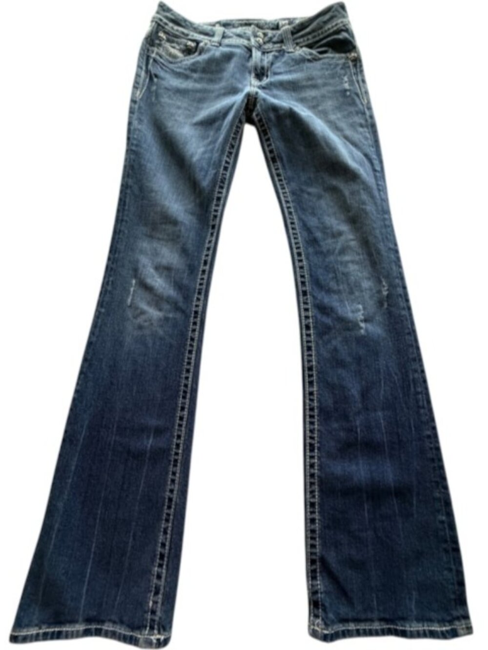 Miss Me Rhinestone Medium Wash Distressed Bootcut Jeans Womens Size 30x34 Y2K